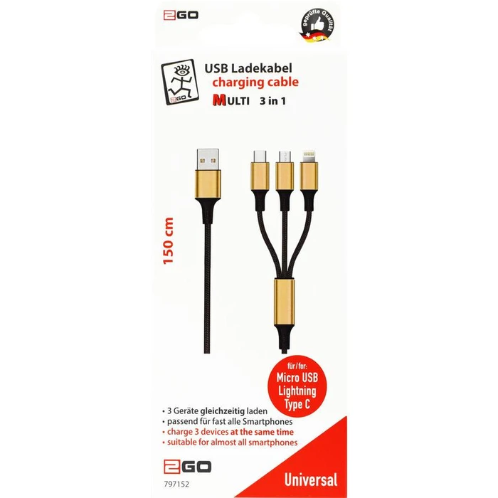 Καλώδιo USB 2GO 3 in 1 gold-150cm f.Micro-USB & Apple
