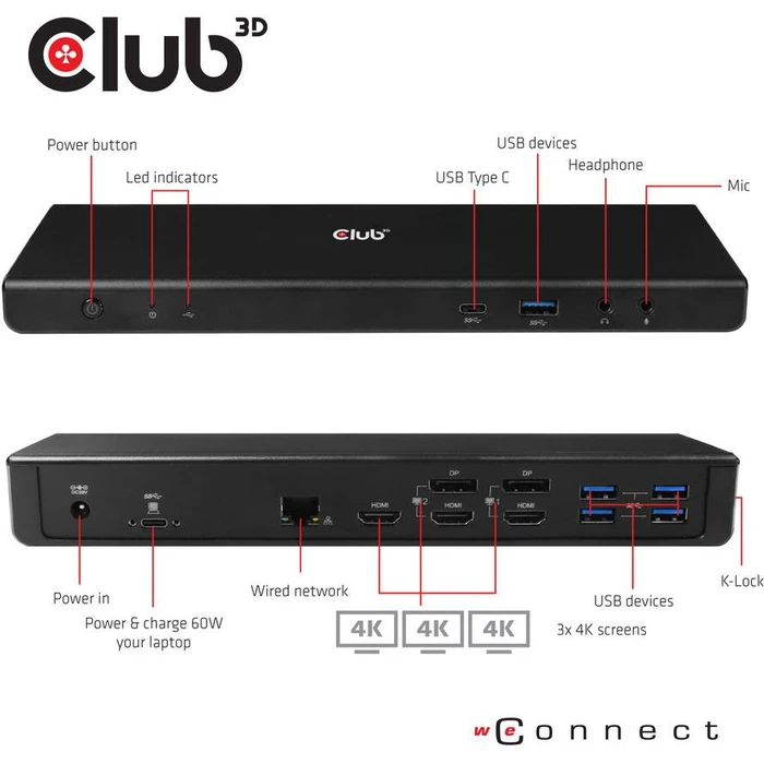 Docking Station Club3D 4K ChargingDock USB-C 3.2 ->6xUSB3/DP/HDMI/LAN/Audio