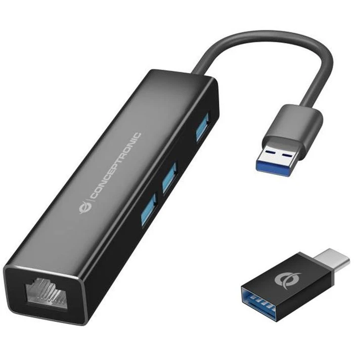 USB Hub Conceptronic USB3.0-> RJ45,3xUSB3.0,TypC Ad 0.15m sw