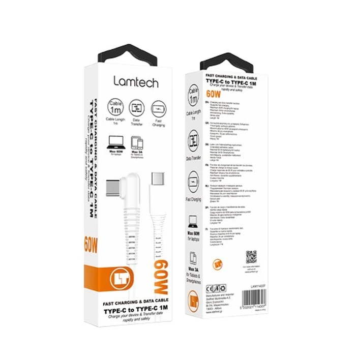 Καλώδιο Lamtech Type-C To Type-C 60w Angled Data & Charge Cable 1m White