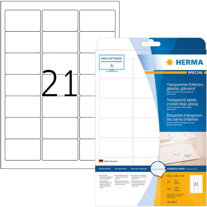 Ετικέτες Herma crystal clear A4 63,5x38,1 mm foil glossy 525 pcs