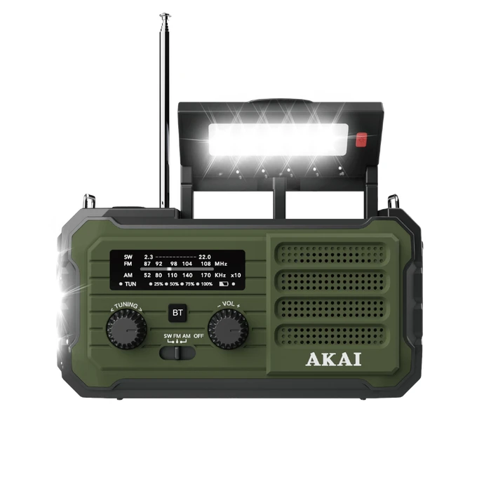 Akai APR-801 Survival Radio with Solar Panel, Crank Dynamo, Bluetooth 5.3 & Power Bank (Green)
