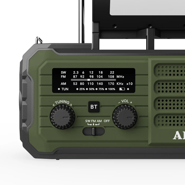 Akai APR-801 Survival Radio with Solar Panel, Crank Dynamo, Bluetooth 5.3 & Power Bank (Green)