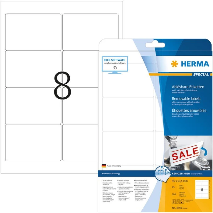 Ετικέτες Herma A4 White 96x63,5 mm removable 200 pcs.