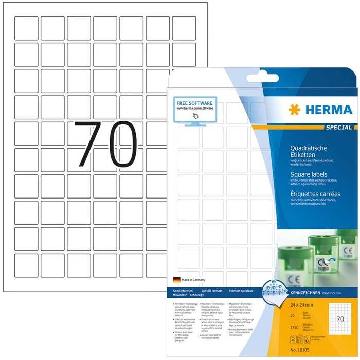 Ετικέτες Herma A4 White 24 x 24 mm square. removable 1750 pcs.