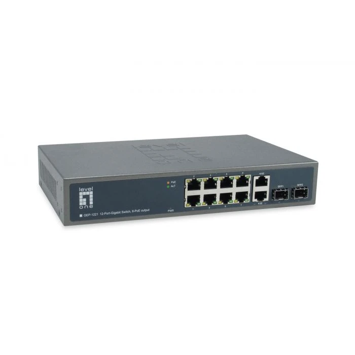 Network Switch LevelOne 10x GE GEP-1221 2xGSFP 19" 150W 8xPoE+