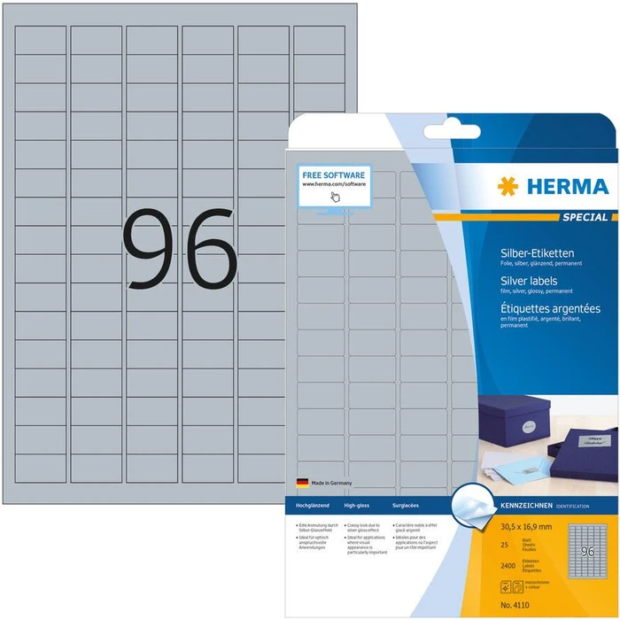 Ετικέτες Herma labels A4 silver 30,5x16,9 mm foil glossy. 2400 pcs