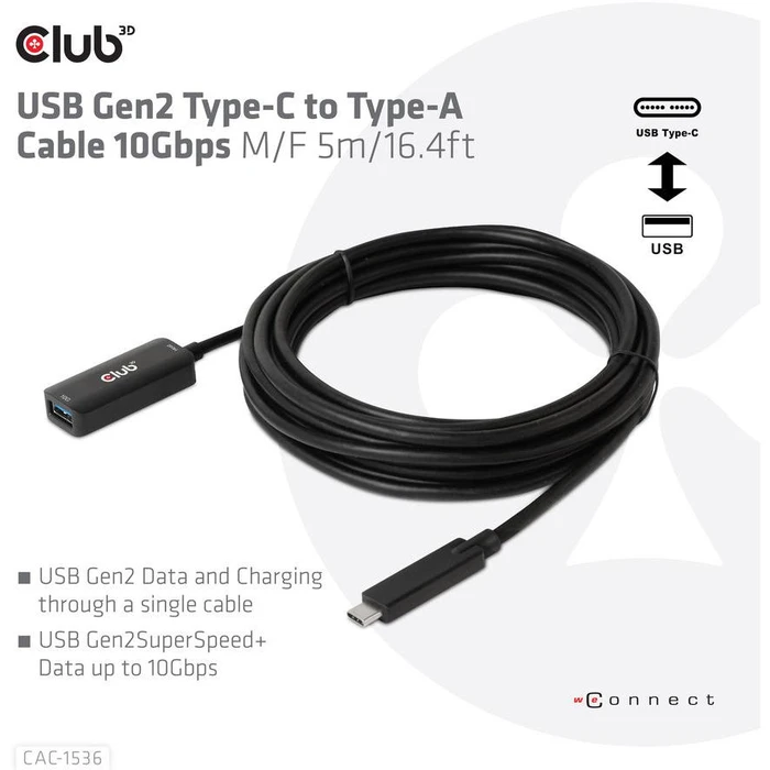 Καλώδιο USB Club3D 3.2 Typ C <> Typ A 10Gbps St/Bu 5m retail