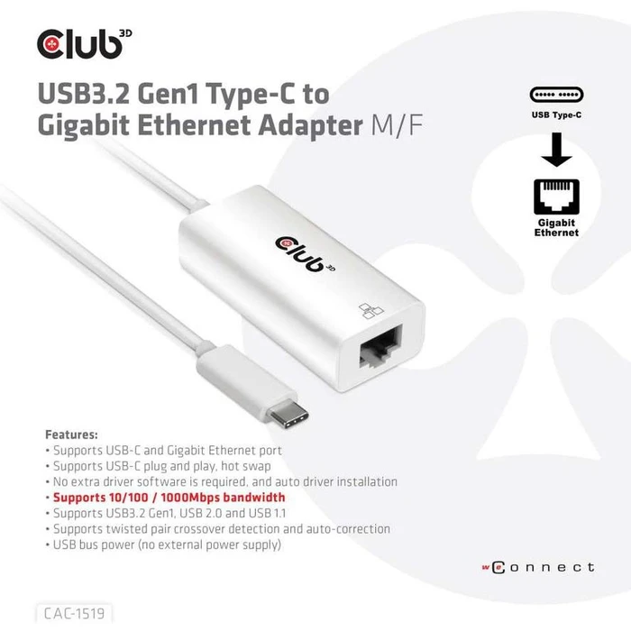 Αντάπτορας Δικτύου USB Club3D 3.2 Typ C > RJ-45 Gigabit LAN male / female