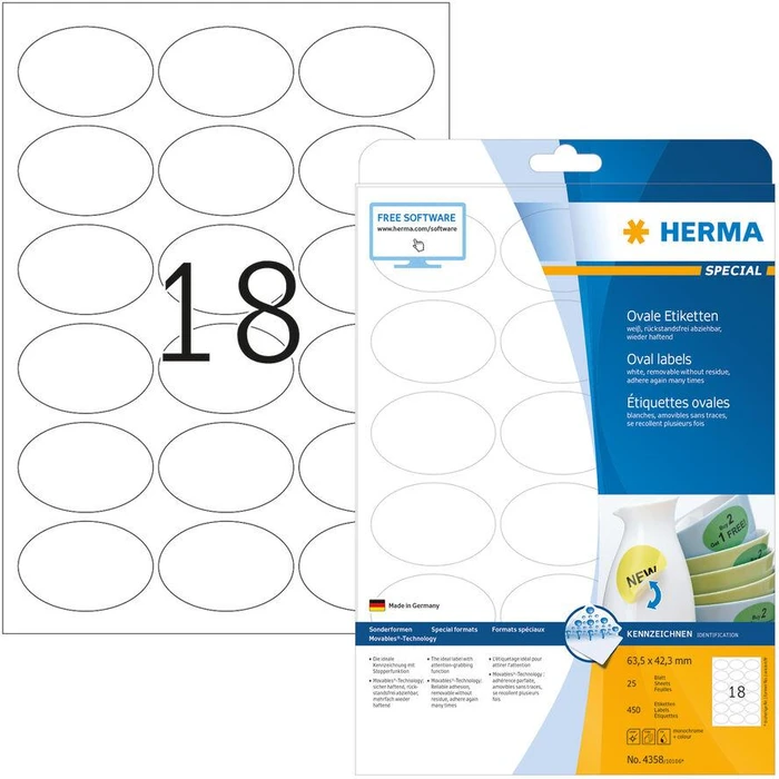 Ετικέτες Herma A4 White 63,5x42,3 mm oval removable 450 pcs.
