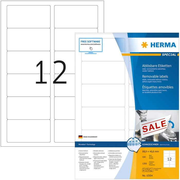 Ετικέτες Herma labels A4 White 88,9x46,6 mm removable 1200 pcs