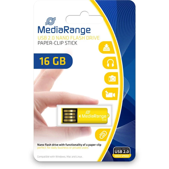 USB Flash 16GB MediaRange Nanostick 16GB with clip function yellow