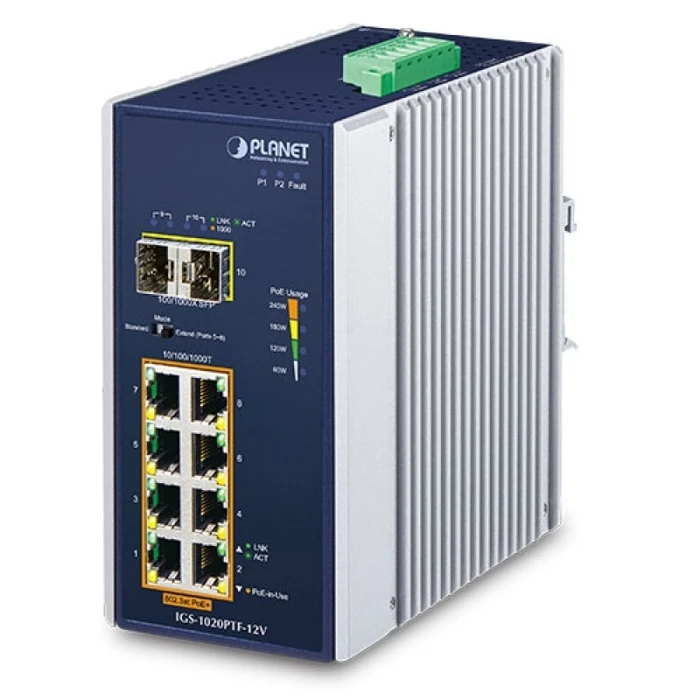 Network Switch PLANET Industrial 8-Port GE 802.3at PoE + 2 100/1000X SFP