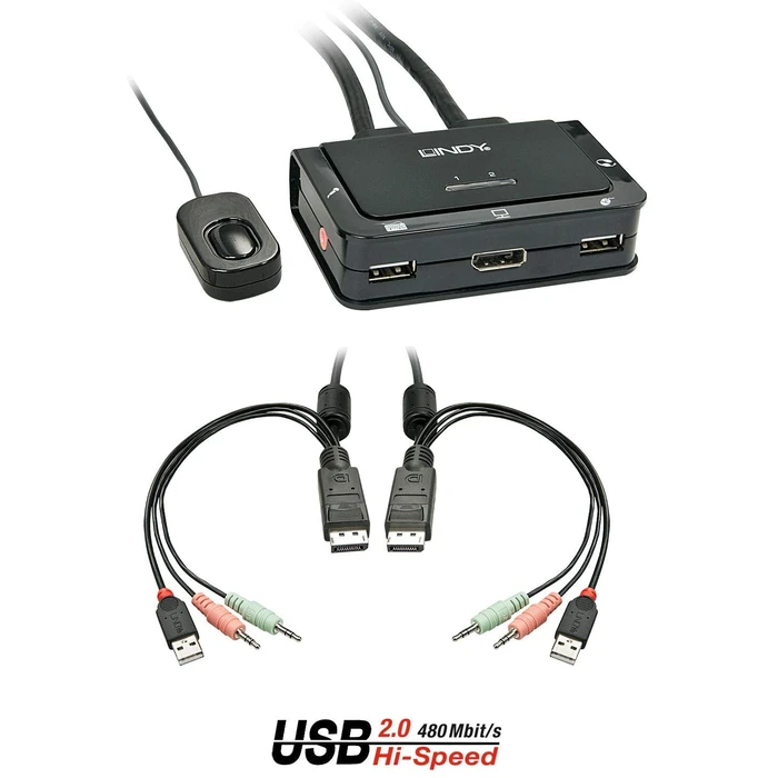 KVM Switch Lindy 2 Port DisplayPort 1.2, USB 2.0 Audio
