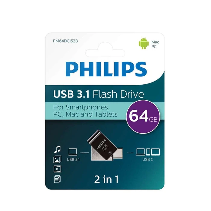 USB Flash 64GB Philips 2 in 1 Black OTG USB C + USB 3.1