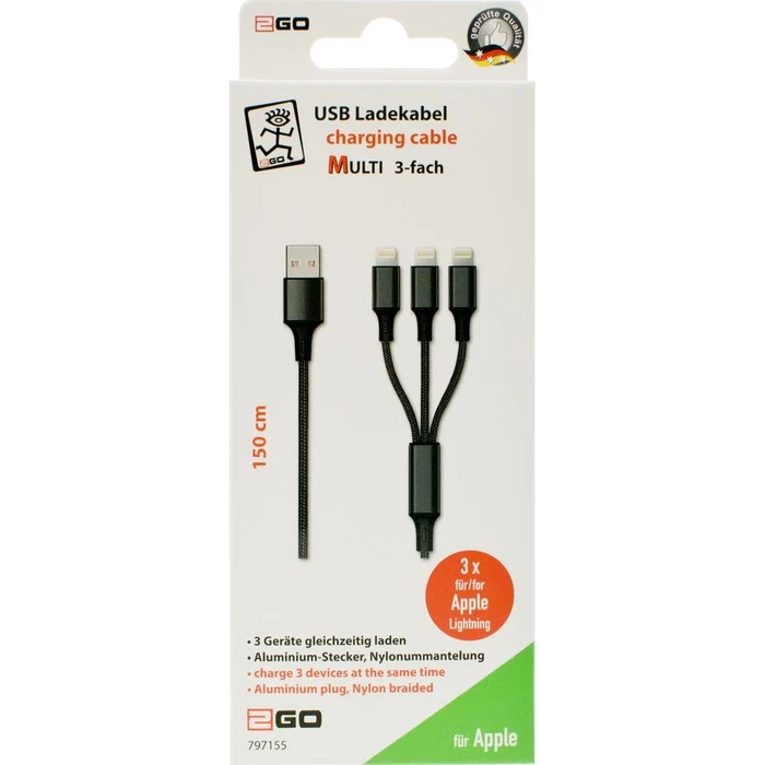 Καλώδιο USB 2GO 3 in 1 - Black - 150cm for Apple 8-Pin 1.5m