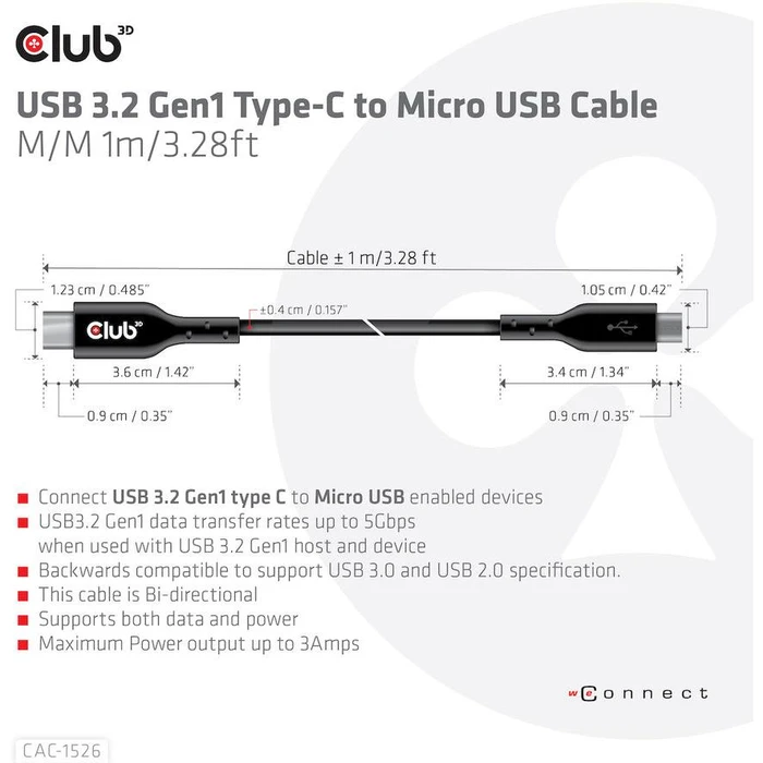 Καλώδιo USB Club3D 3.2 Typ C <> Micro USB 1m St/St