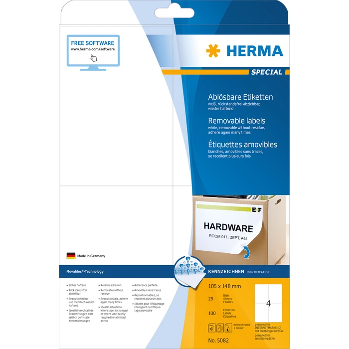 Ετικέτες Herma Removable 105X148 25 Sheets DIN A4 100 pcs. 5082