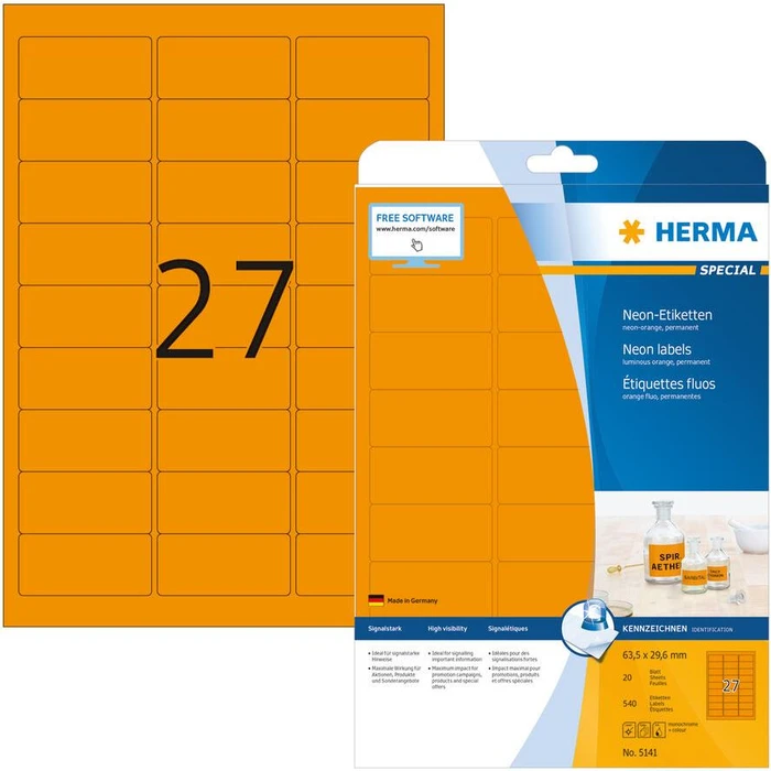 Ετικέτες Herma A4 neon-orange 63,5x29,6 mm 540 pcs.