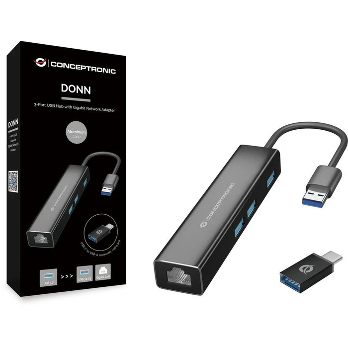 USB Hub Conceptronic USB3.0-> RJ45,3xUSB3.0,TypC Ad 0.15m sw