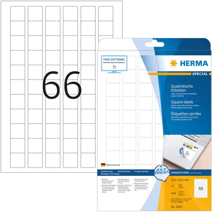 Ετικέτες Herma A4 White 25,4x25,4 mm square. removable 1650 pcs.