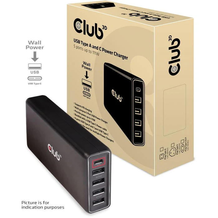 Φορτιστής Πρίζας Club3D Schnell1xUSB Typ C, 4xUSB Typ A, PD 111W retail