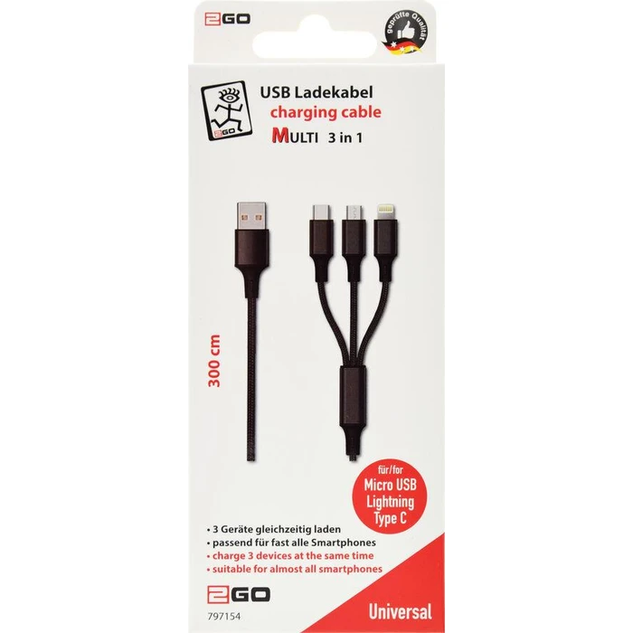 Καλώδιο USB 2GO 3 in 1 - Black - 300cm