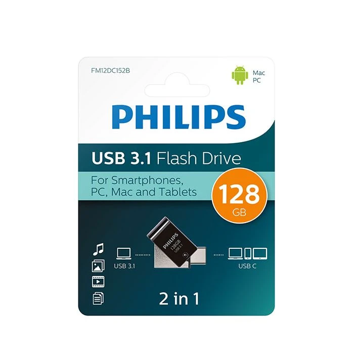 USB Flash 128GB Philips 2 in 1 OTG USB 3.1 + USB C Midnight Black