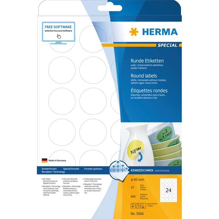 Ετικέτες Herma Removable Round 40 25 Sheets DIN A4 600 pcs. 5066