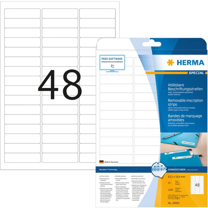 Ετικέτες Herma removable Strips A4 63,5x16,9 mm White 1200 pcs.