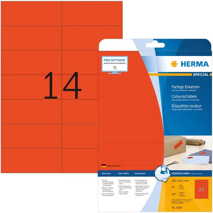 Ετικέτες Herma A4 red 105x42,3 mm matt 280 pcs.