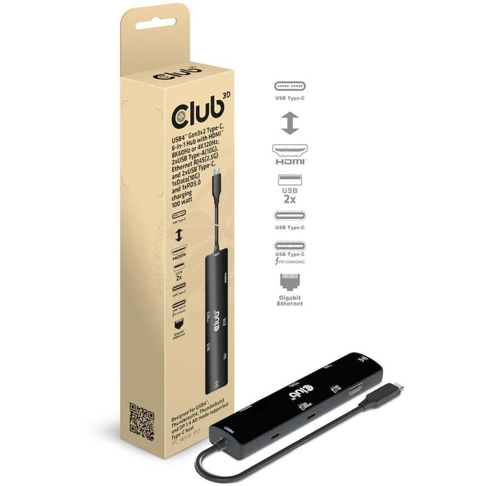 Docking Station Club3D USB4 6-in1 USB-C > HDMI/2xUSB/2xUSB-C/RJ45 100W retail