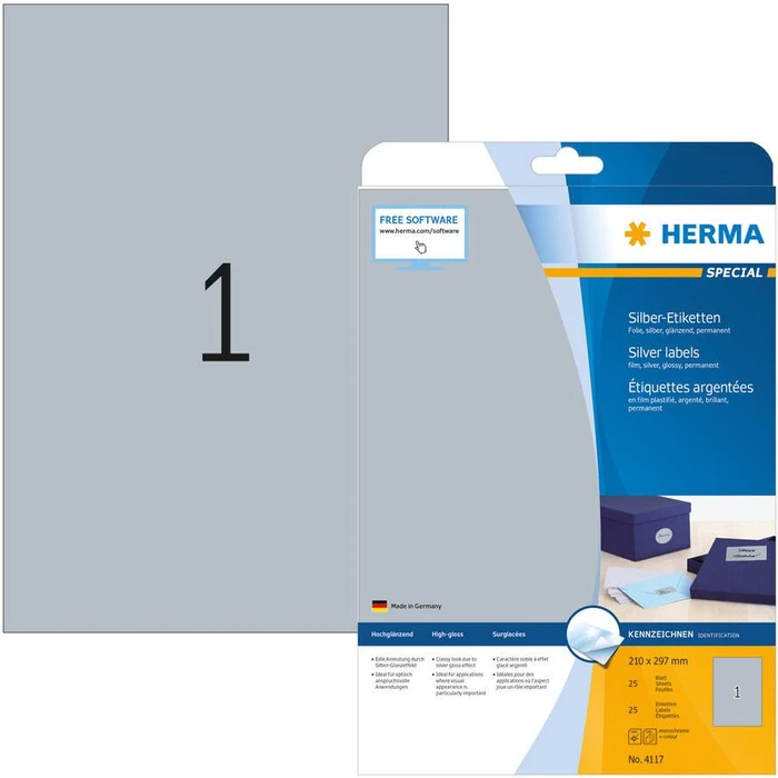 Ετικέτες Herma labels A4 silver 210x297 mm foil glossy. 25 pcs