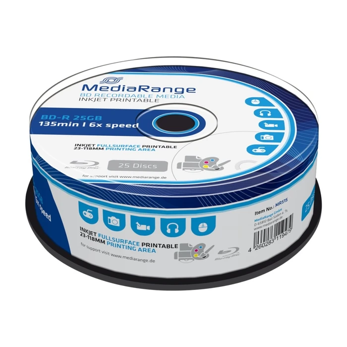 BD-R MediaRange 25GB 6x fully printable 25pcs Cakebox