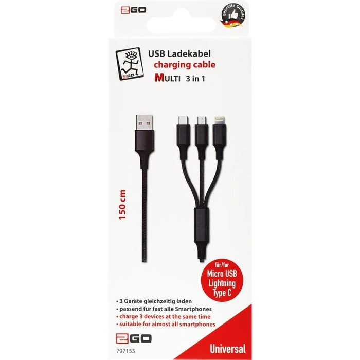 Καλώδιο USB 2GO 3in1 black 1,5m f. Micro-USB, Lightn, USB C