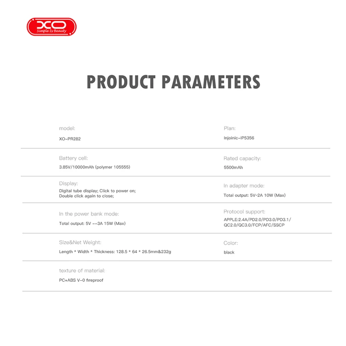 XO Powerbank Ταχείας Φόρτισης 22.5W με Πρίζα και Λουράκι Type C 10000mAh