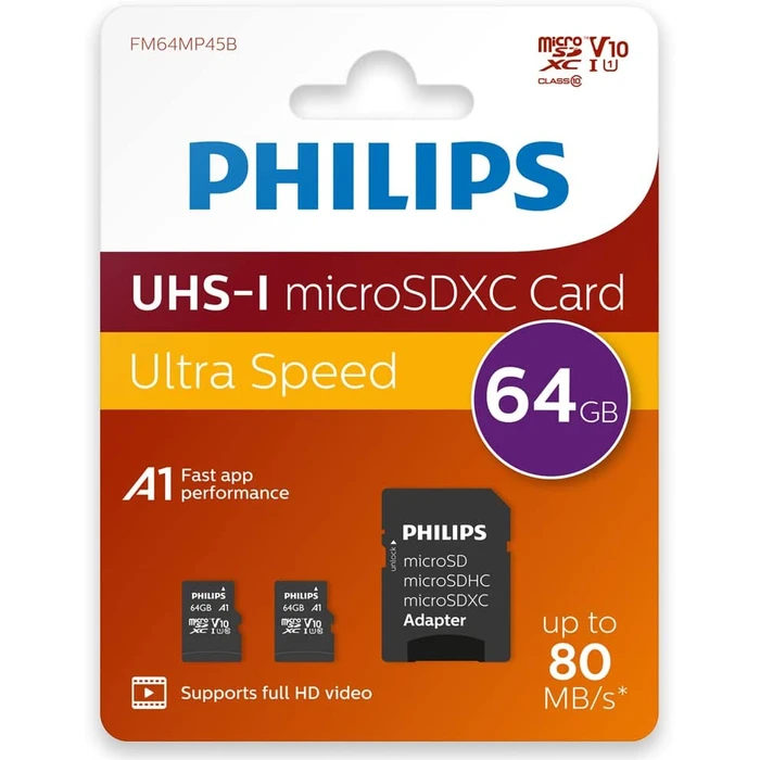Κάρτα Μνήμης microSDXC 64GB Philips 2-Pack Class 10 UHS-I U1 incl. Adapter