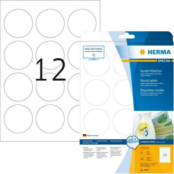 Ετικέτες Herma Removable Round 60 25 Sheets DIN A4 300 pcs. 5067