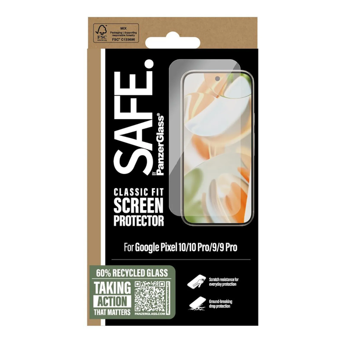 PanzerGlass SAFE. Classic Fit Antibacterial Tempered Glass Screen Protector for Google Pixel 10 / 10 Pro / 9 / 9 Pro