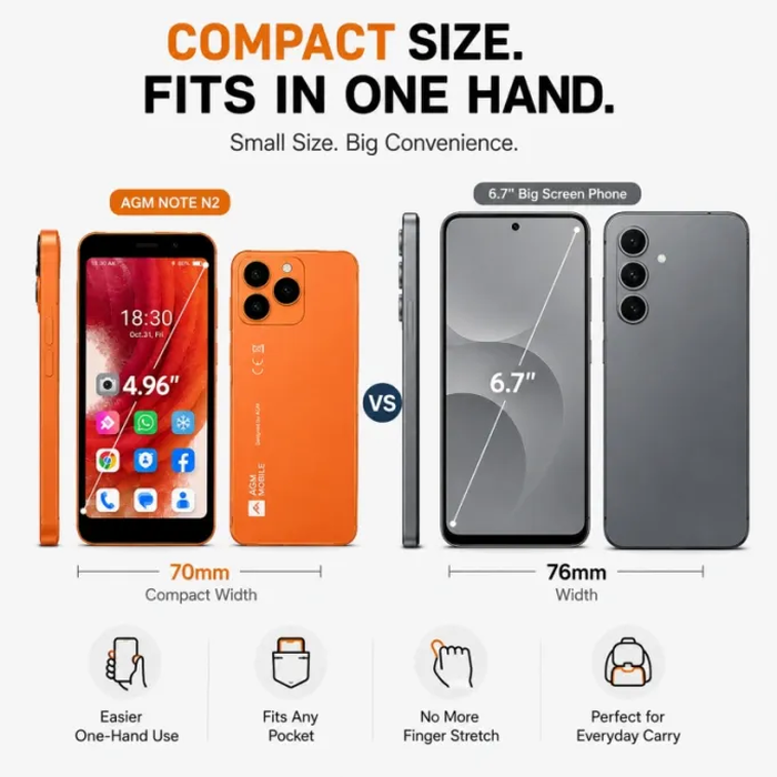 AGM N2 – Smart Mobile 4.96" 4G με Android 16 Go, Αφαιρούμενη Μπαταρία 3000mAh, IP54 (Πορτοκαλί)
