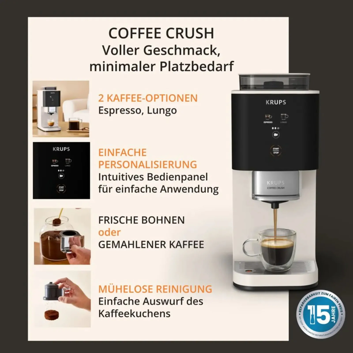 Krups Automatic Espresso Machine 1370W, 15 bar, Built-in Grinder (SA4001E0) - Ivory